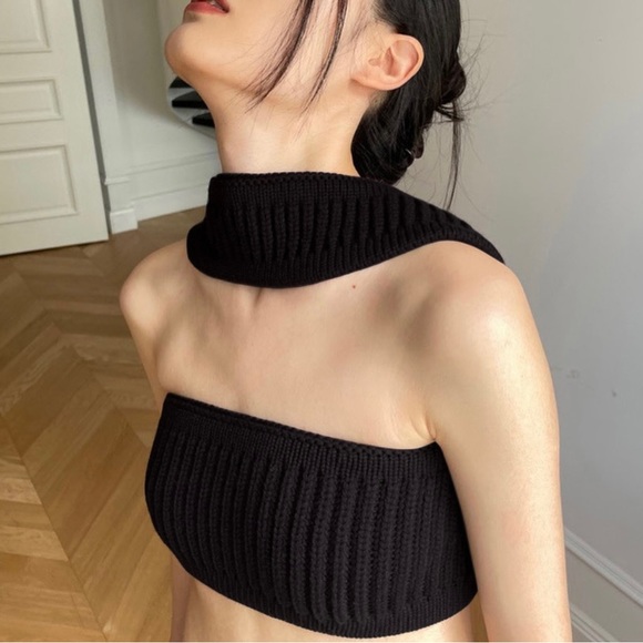 Womens|Knit Halter Crop Top|Large L|Black|Stretch - Picture 4 of 11